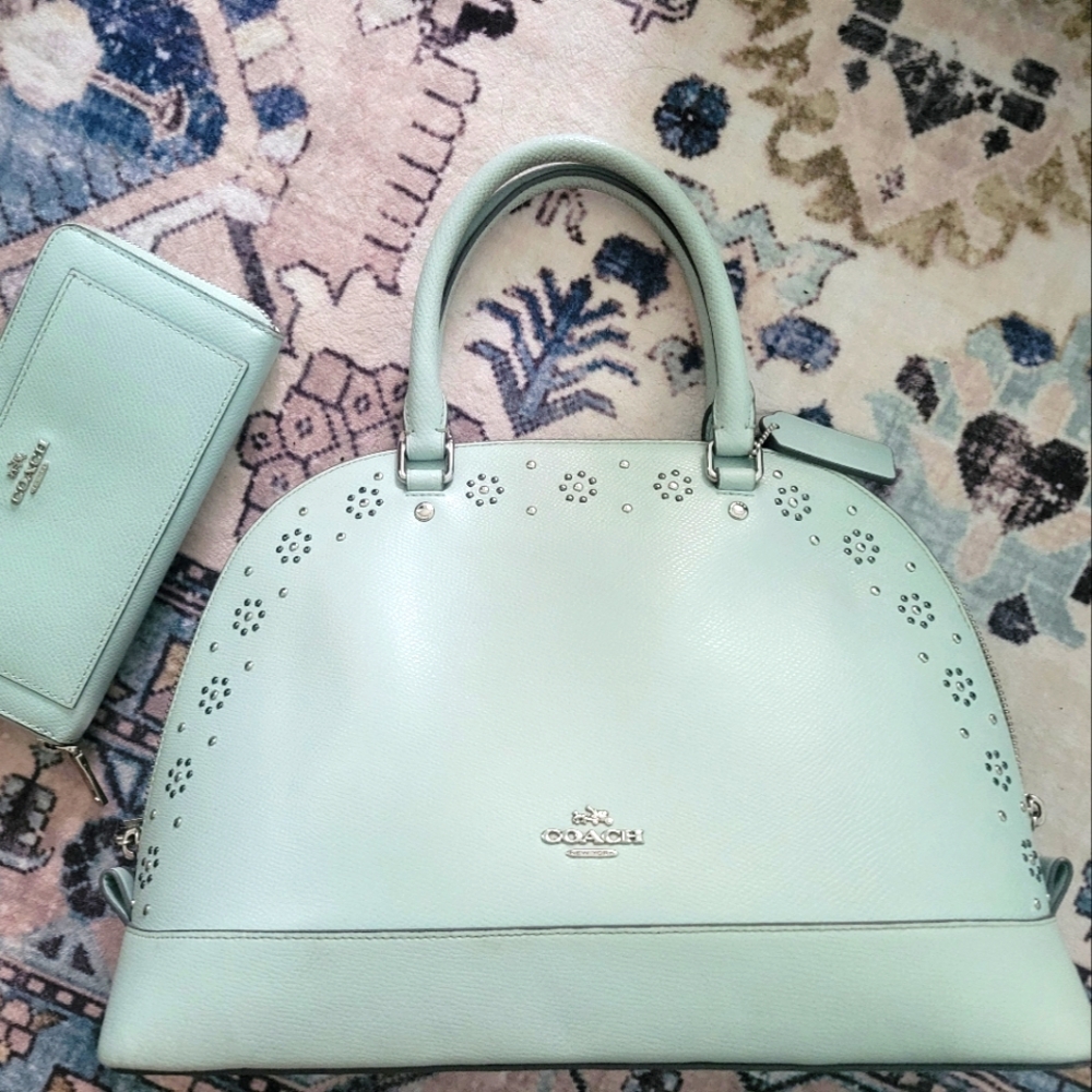 COACH 37238 SIERRA STUDDED SATCHEL BAG SEAGLASS MINT GREEN LEATHER WALLET SET